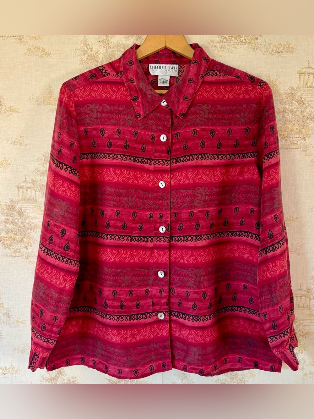 Vintage 90s Bedford Fair Red Boho Silk Paisley Print Button Up Shirt